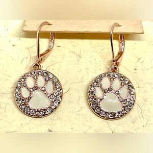 Pet Friends Cream Enamel White Crystal Rhinestone Paw Rose Gold Earrings Cat Dog